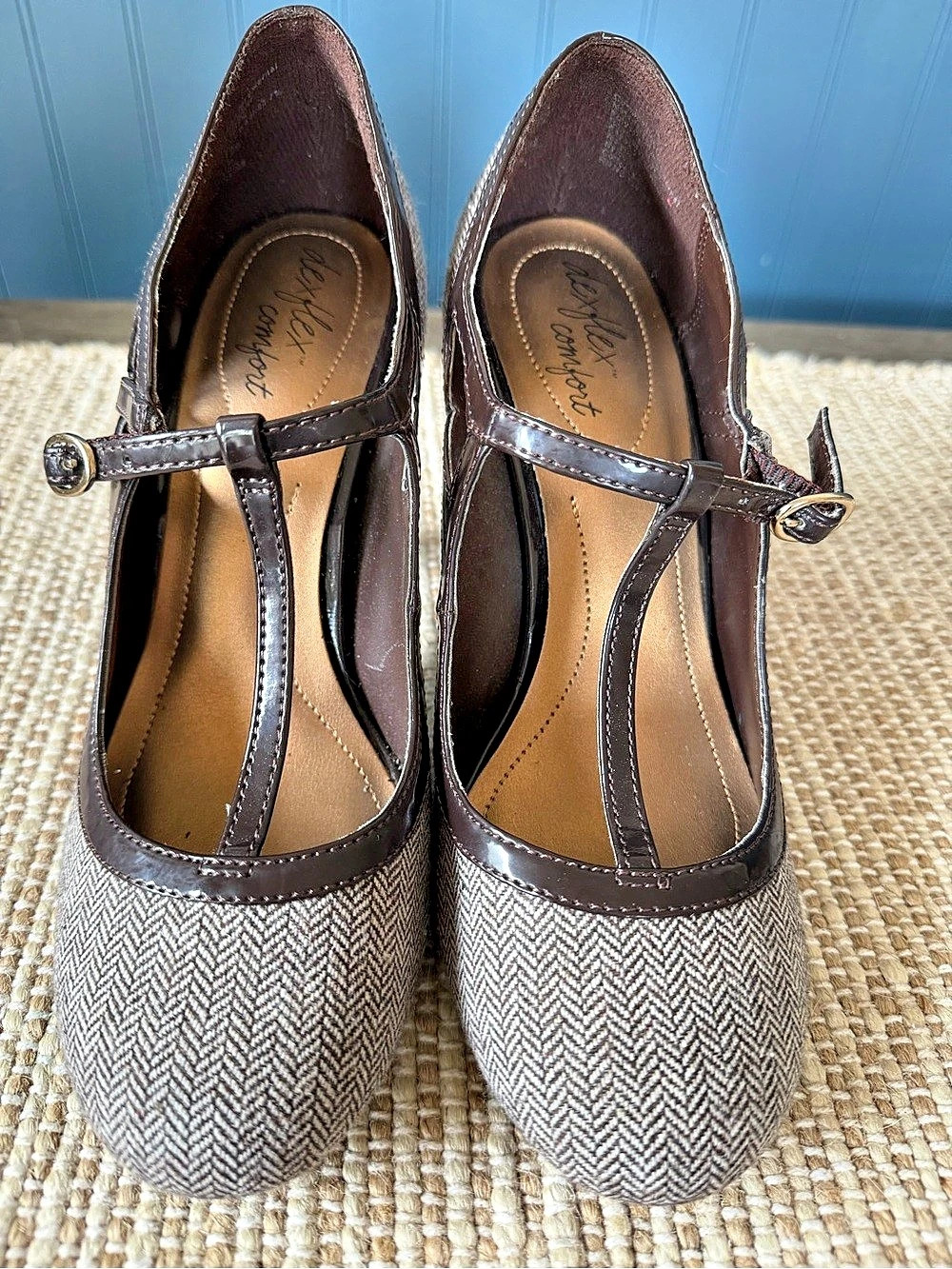 dexflex comfort Herringbone T-Strap Heel Shoes Brown & Gray 8.5